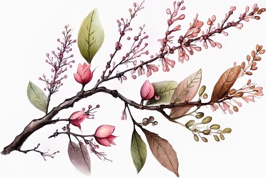 Illustration of a spring tree or shrub with a slender branch with pink blossoms. Generative AI