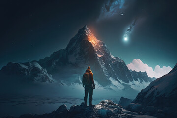 Epic winter arctic landscape. A man stands on a rock and looks into the distance at the mountains. Polar night, stars in the sky. A traveler on a hike in the majestic northern nature. Generative AI.