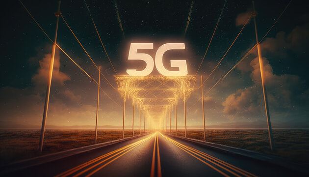 5G (Mobilfunkstandard), stehend f&uuml;r die f&uuml;nfte Generation des Mobilfunks symbolisch f&uuml;r die Vernetzung durch Daten leitende Mobilfunkmasten an einer Stra&szlig;e (Generative AI)