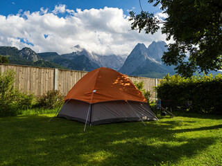 Camping with tent at the foot of Zugspitze, Germany