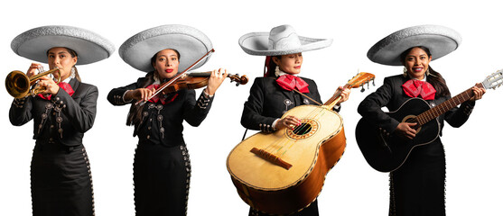 female mariachi band, mexican music group of women playing instruments trumpet, violin, guitar and mexican big guitarron