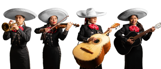 female mariachi band, mexican music group of women playing instruments trumpet, violin, guitar and mexican big guitarron