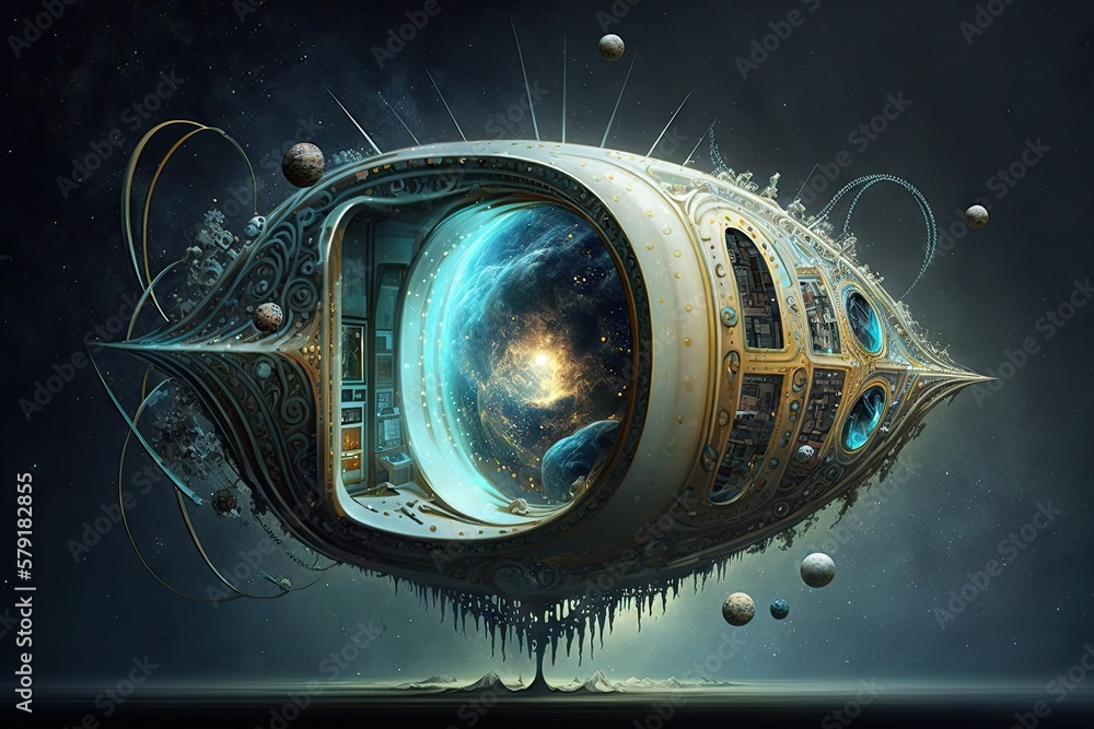 Poster mysterious relativity: exploring space and time through a haunting alien vessel generative ai