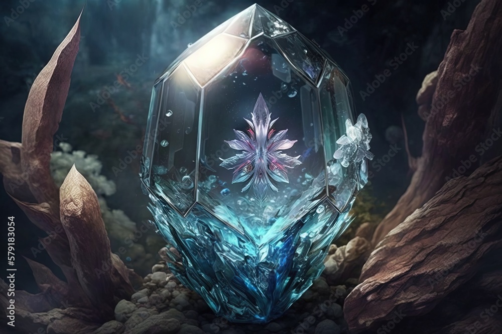 Poster unlocking the mystic secrets within an alluring fantasy crystal generative ai