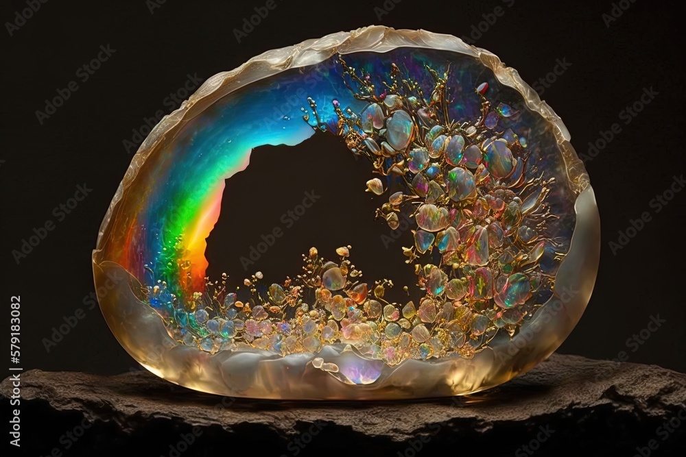 Poster unveiling a rainbow of brilliance embedded in an opal representation generative ai