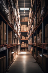 Gnerative ai image of a large warehouse full of iron shelves with brown cardboard boxes