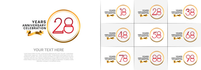 set of anniversary logotype red color in golden circle and ribbon for special celebration event