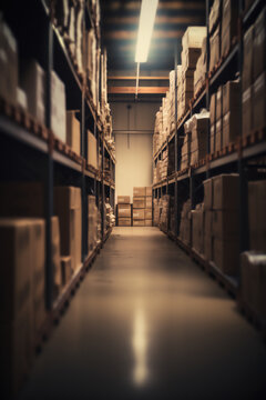 Gnerative ai image of a large warehouse full of iron shelves with brown cardboard boxes
