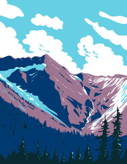 WPA poster art of Illecillewaet Glacier in Selkirk Mountains within the Glacier National Park in British Columbia, Canada done in works project administration.