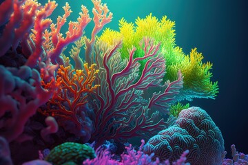 Fototapeta na wymiar Coral reef and seaweed under the sea, Generative AI 
