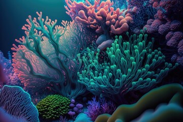 Coral reef and seaweed under the sea, Generative AI
