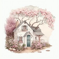 Fototapeta na wymiar cartoon illustration, a sweet little house surrounded by pink flowers, ai generative