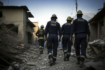 Rescuers in uniform and helmets dismantle the rubble of houses after the earthquake. Generative AI