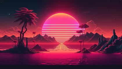 Peel and stick wall murals Pink Synthwave style landscape with mountains and sunset, Generative AI 