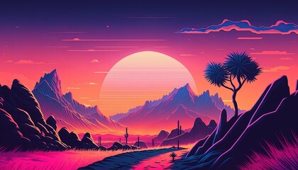 Synthwave style landscape with road, mountains, and sunset, Generative AI 
