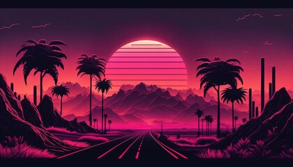 Naklejka premium Synthwave style landscape with road, mountains, and sunset, Generative AI 