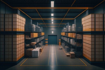 Company warehouse with shelves and boxes, shed for cargo storage, Generative AI