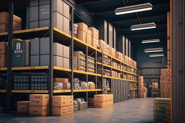 Company warehouse with shelves and boxes, shed for cargo storage, Generative AI - obrazy, fototapety, plakaty