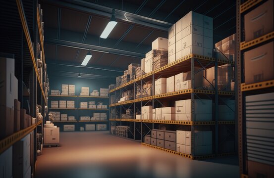 Company warehouse with shelves and boxes, shed for cargo storage, Generative AI