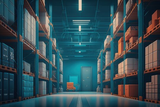 Company warehouse with shelves and boxes, shed for cargo storage, Generative AI