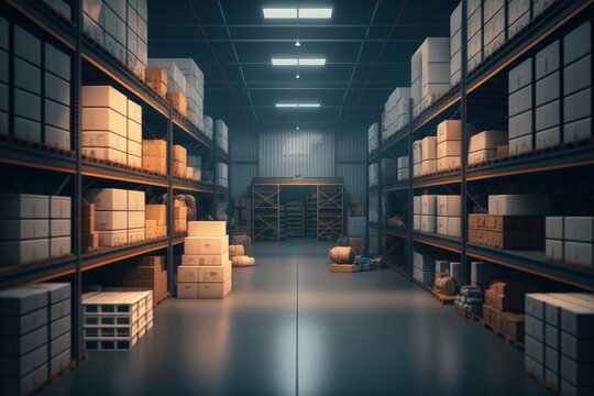 Company Warehouse With Shelves And Boxes, Shed For Cargo Storage, Generative AI