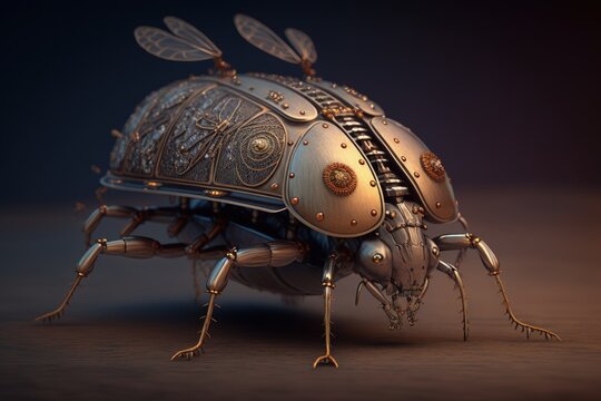 Steampunk mechanical beetle, metallic beetle, Generative AI