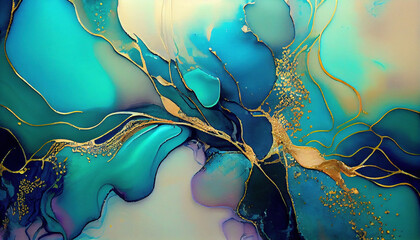 Liquid Abstrct Cyan and Gold Alcohol Ink Painting Background AI Generative