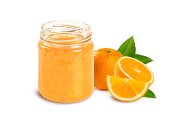 Fototapeta na wymiar jar of orange jam with orange and leaves isolated on white background.