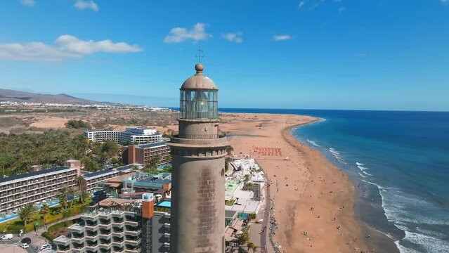 Panoramic aerial view of the Maspalomas Lighthouse, Grand Canary, Spain. 