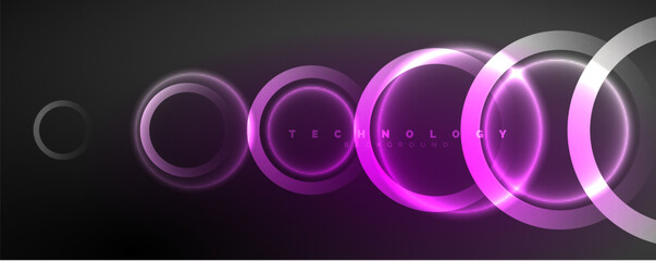 Neon glowing circles and round shape lines, magic energy space light concept, abstract background wallpaper design