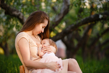 Toddler girl on mom's arms in apple garden. breast feeding in blooming apple garden. Mom loves her child. Spring story. Happy family at spring day. Mother and little daughter tenderness relations