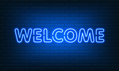 Neon sign Welcome with glass on brick wall background. Vintage blue electric signboard with bright neon lights. Drink Night Club. Bar neon sign light falls. Vector illustration