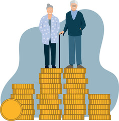 Illustration vectorielle montrant un couple de retraités debout sur un tas de pièces de monnaie. Symbole d'une pension de retraite confortable. Personnes âgées riches. - obrazy, fototapety, plakaty