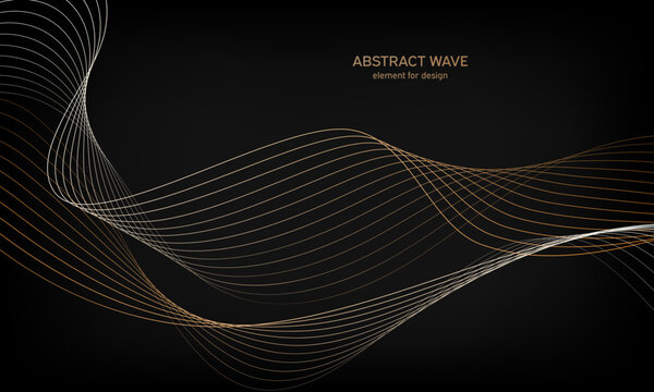 Abstract wave element for design on black background. Colorful gradient shiny waves with lines. Digital frequency track equalizer. Curved wavy line. Smooth stripe. Stylized art. Modern design. Vector.