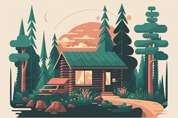 Illustration of a wooden cabin in the forest, created with Ai generative technology