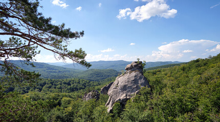 Huge rocky boulder formations high in mountains with growing trees on summer sunny day