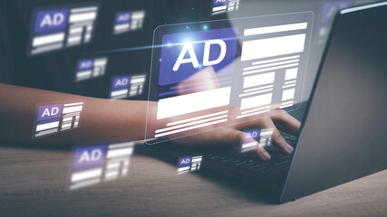 Online programmatic advertising in feed on computer screen. Optimize advertisement target optimize...