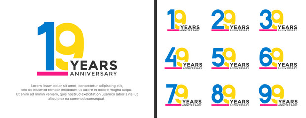 set of anniversary logo style blue and yellow color on white background for celebration