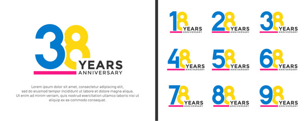 set of anniversary logo style blue and yellow color on white background for celebration
