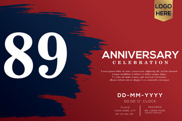 89 years anniversary celebration vector with blue brush isolated on red background with text template design