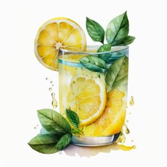 Glass of fresh lemonade. Watercolor illustration of a glass of water decorated with mint and lemon. Generative AI art. - obrazy, fototapety, plakaty