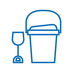 png icon of a bucket and shovel for sand with blue lines with a transparent background