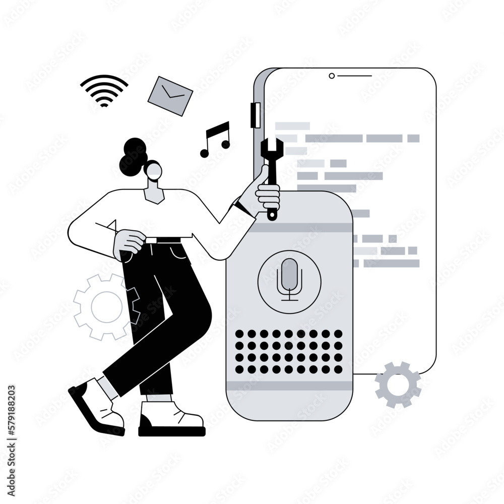 Poster smart speaker apps development abstract concept vector illustration. app development platform, smart