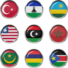 世界の国旗ボタンアイコンセット☆アフリカ☆トルコ,レソト,ルワンダ,リベリア,リビア,モロッコ,モーリタニア,モーリシャス,南スーダン