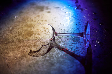 Broken glass and a red wine.Romantic pinky delicate artisitc image, free space.