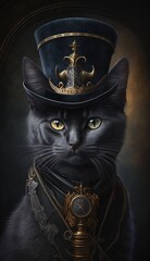 Mysterious black cat in top hat and Halloween fancy collar in a gothic fantasy horror scene, AI generative - obrazy, fototapety, plakaty
