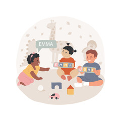 Learning names isolated cartoon vector illustration. Memorize new words, toddler language exercise, learning names of children, communication in kindergarten, early education vector cartoon.