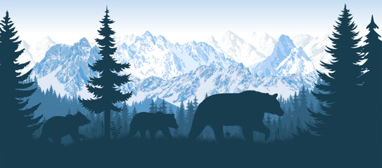 vector mountains forest woodland background with black bear family