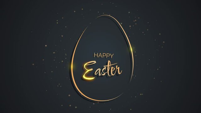 Happy Easter greeting card with golden easter egg and handwritten holiday wishes on black background whith sparkle. Loop video.