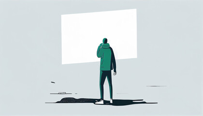 One sigle guy ahead of a banner. Young man in front of a board. Person before a wall. Ai generated.